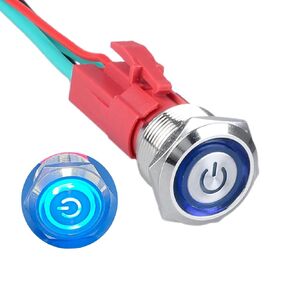 19mm Heavy Duty Latching Metal Push Button Switch Waterproof 20Amp 12V-24V ON-Off 1NO 4 Pins with Pre-Wired Socket for 3/4" Mounting Hole with Power Symbol (Silver Shell Blue LED)