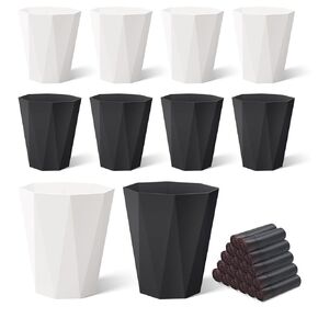 10Pack Office Trash Can with 375 Counts/ 25Rolls Trash Bags, 1.8 Gallons Small Trash Can Bulk for Bathroom, Small Bathroom Garbage Can for Bathroom, Bedroom, Office, Kitchen (5White, 5Black)