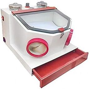 BONEW Lab Sandblaster Double Pen Fine Sand Blasting Machine Large View Window Sandblaster Unit with Lamp and Drawer (Metal Cups)