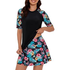 Tournesol Women's Two Piece Rash Guard Short Sleeve Swimsuit UPF 50+ Built in Bra Swim Shirts with Swim Skirts with Pockets