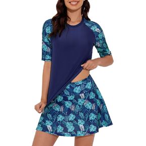 Tournesol Women's Frant Frash Guard Short Sweeve Swimsuit UPF 50+ بنيت في قمصان السباحة مع تنانير السباحة مع جيوب