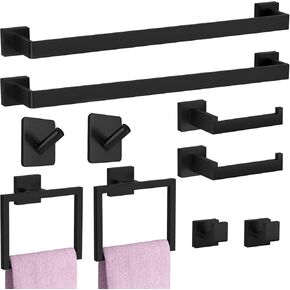 10-PCS 23.6inch Bathroom Towel Bar Set,Include 2pcs 23.6" Towel Holder,2pcs Hand Towel Ring,2pcs Toilet Paper Holder,4pcs Robe Hook-Matte Black