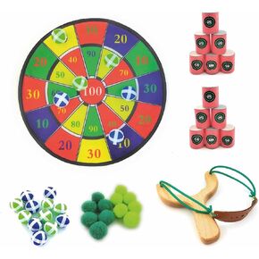 Sticky Ball Dart Board Gaming Set, Wooden Slingshot, 12 Sticky Balls, 12 Pompom Balls, 2 Sets of Foam Cans, Stress Relief Fun, and Great for Gift and Party.