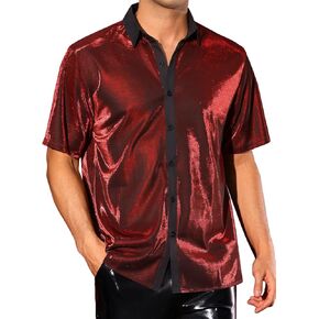 Lars Amadeus Sheer Mesh Shirts for Men's See Through Short Sleeves Party Disco Shiny Metallic Shirts
