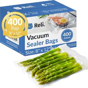 Reli. Vacuum Sealer Bags 8x12" | 400 Pack - Bulk | Pre-Cut Embossed Vacuum Bags for Food | BPA Free | Food Sealer for Sous Vide, Storage/Prep, Meal Prep | Quart Size, Clear
