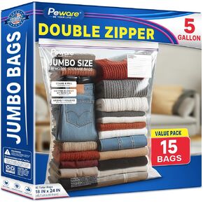 18"x24" Extra Large 5 Gallon Storage Bag, Resealable Double Zipper Top Bags, Perfect for Vacation, Travel, Organization, Clothing, Shoes, Pet Supplies, Big Toys - BPA-Free [COUNT 15]