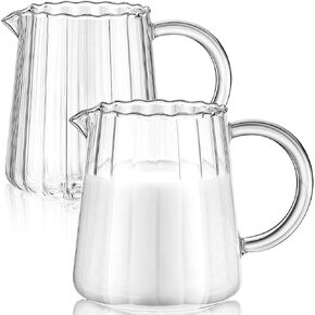 Leinuosen 2 Pcs Small Glass Creamer Pitcher with Spout Milk Frothing Pitcher Elegant Shaped Glass Coffee Tea Milk Creamer Jug Creative Milk Frother Cup (Simple Style,250ml)