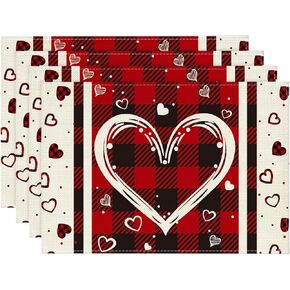 Artoid Mode Red Black Love Mother's Day Placemats Set of 4, 12x18 Inch Seasonal Holiday Table Mats for Party Kitchen Dining Decoration