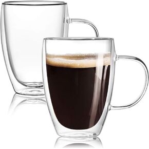 12 Oz Double Walled Glass Coffee Mugs with Handle, Insulated Layer Coffee Cups, Clear Borosilicate Glass Mugs - Valentines Day Gift for Cappuccino,Tea,Latte,Espresso,Hot Beverage,Cold Drinks, Set of 2