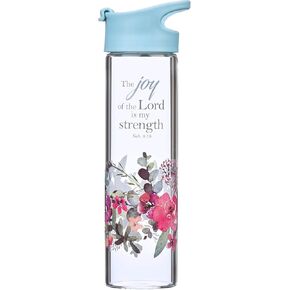 Christian Art Gifts Reusable Floral Glass Water Bottle with Light Blue Pop-Up Lid for Travel and Beverages - 20 oz Bottle with Inspirational Scripture for Women - The Joy of The Lord -Nehemiah 8:10