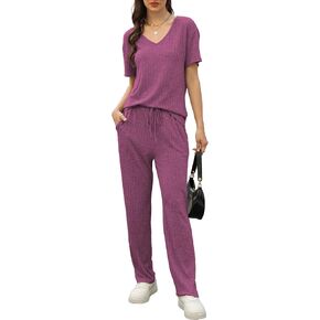 Women's Rib Knit Lounge Set, Short Sleeve Tracksuit Set Two Piece Sweatsuits Casual Loungewear Set Trousers Pajama Set