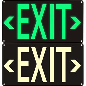(2 Pack) Photoluminescent Exit Sign Black - Aluminum -14 x 7.5 x 0.04 Sign,With Removable Directional Arrows, With Strong Self Adhesive Tape.