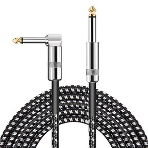 Guitar Cable 10ft, TS 1/4 Inch Instrument Cable for Electric Guitar Bass, Braided Guitar Cord Amp Cord, Right Angle to Straight, Black White