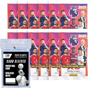 Panini Adrenalyn XL 2024-2025 12 حزم من البطاقات + 100 أحكام واقي البطاقات ، بطاقات تداول كرة القدم في الدوري الإنجليزي ، 96 بطاقة المجموع