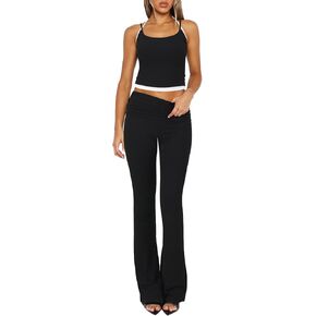 Women's 2 Piece Lounge Sets Spaghetti Strap Crop Tank Fold Over Flare Pants Tracksuit Matching Sets Y2K Outfits