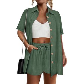 RITERA Womens Plus Size 2 Piece Outfits Cotton Linen Set Button Down Short Sleeve Shirt Drawstring Shorts Beach Vacation Sets