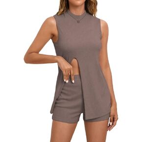 Verdusa Women's 2 Piece Sets Sweatsuits Knit Tracksuit Outfits Lounge Matching Set Sleeveless Shirt Top and Shorts