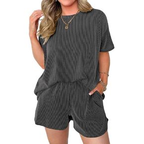 miduo Womens 2 Piece Sets Ribbed Textured Knit Casual Short Sleeve Shirts Shorts Two Piece Lounge Matching Set
