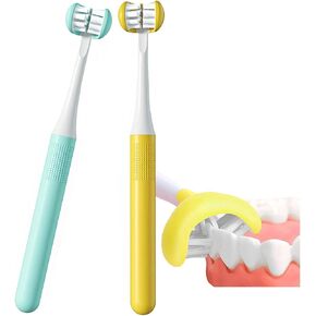 Medium Toothbrushes for Adults,3 Sided Adult Toothbrush,Autism Soft Bristles Tooth Brushes, Complete Tooth and Gum Care, 2 Pack Toothbrush（Blue+Yellow）