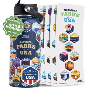 LET'S WANDER National Parks Water Bottle with Waterproof Stickers - 32oz Leakproof Insulated Stainless Steel with Straw - Hiker Bucket List Gift Bottle [BLUE]
