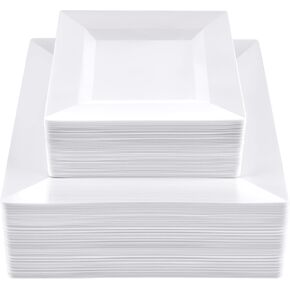 SETUP [100 Piece Combo White Square Plates, Disposable Plastic Plates - Premium Heavy-Duty 50 Disposable 9.5" Dinner Party Plates and 50 Disposable 6.5" Salad Plates