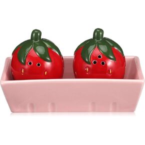 Set of 2 Cute Salt and Pepper Shakers with Pink Tray, Strawberry Shaped Spice Dispenser Storage Canisters Funny Seasoning Shakers Set for Valentines Housewarming Kitchen Gift