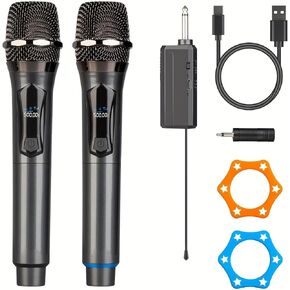 Dual Wireless Microphone System with Receiver, USB Cable, Dual Handheld Dynamic Wireless Mic for Karaoke Singing, Wedding, DJ, Party, Speech, Church, Class Use,PA System,200ft
