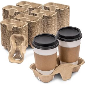 FMP Brands 100 Pack 2 Cup Pulp Fiber Drink Carrier Trays, Biodegradable Cup Holder Carrier for Hot and Cold Drinks, Disposable Drink Caddy for Delivery, Uber Eats, Coffee Shops