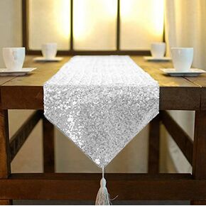 ShinyBeauty Tassel Silver Sequin Dresser Scarves or Table Runner, 12x72 Inch Elegant Wedding Event Decoration