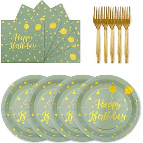 72PCS Happy Birthday Paper Plates - Sage Green and Gold Tableware Set Include 7Inch Paper Plates 6.5 Inch Napkins and 6.3 Inch Forks Disposable Decoration Supplies for Birthday Party,Serve 24