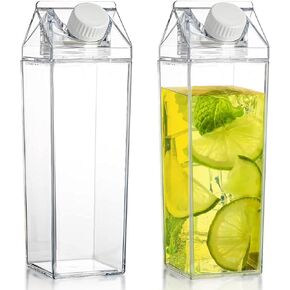 2 Pack 34 Oz Milk Carton Water Bottle - Clear Plastic Square Milk Bottles, Reusable Leakproof Milk Box Juice Water Container, Tea Jug Water Bottle for Outdoor Sports Travel