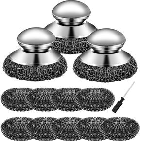 3 Pcs Steel Wool Scrubber with Handle Heavy Duty Metal Pot Scrubber Brush 12 Pcs Stainless Wool for Cleaning Dishes Pans Steel Scouring Pad for Kitchen Cast Iron Sink Griddles Grills