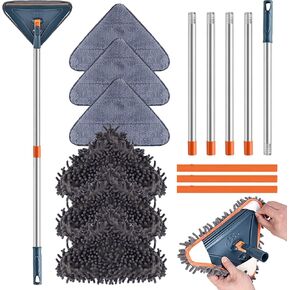 85 Inch Wall Cleaner with Long Handle, 360° Rotatable Wall Mop, Wall Washer Cleaner Tool for Walls/Ceiling Fans/Dust/Baseboard/Floors Clean, 6 Replacement Pads and 3 Silicon Squeegee Scraper Strips