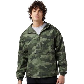Champion CO200 Men's Hooded Packable Quarter-Zip Jacket, Lightweight Wind & Water-Resistant Pullover with Adjustable Hood (US, Alpha, X-Large, Regular, Regular, Olive Green Camo)