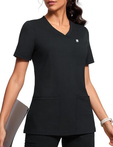 Scrubs for Women V-Neck Short Sleeve Stretch Medical Scrub Shirts with 4 Pockets Slim Fit Top in Saudi Arabia