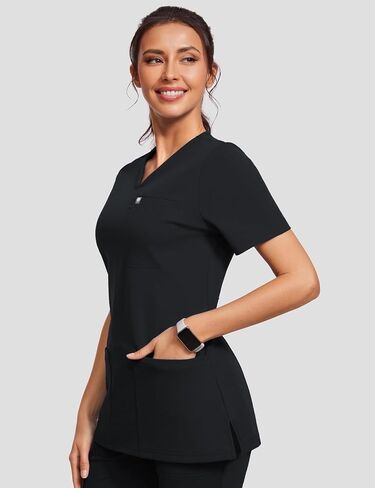 Scrubs for Women V-Neck Short Sleeve Stretch Medical Scrub Shirts with 4 Pockets Slim Fit Top in Saudi Arabia