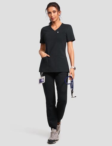 Scrubs for Women V-Neck Short Sleeve Stretch Medical Scrub Shirts with 4 Pockets Slim Fit Top in Saudi Arabia