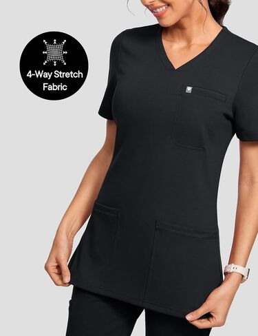 Scrubs for Women V-Neck Short Sleeve Stretch Medical Scrub Shirts with 4 Pockets Slim Fit Top in Saudi Arabia