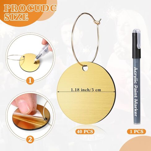 Tondiamo 40 PCS DIY نبيذ سحر للنظارات سحر النبيذ الأكريليك مع خواتم علامات علامة قلم فارغة ملصقات زجاجية كبيرة للنظارات الجذعية كوكتيل شمبانيا حفل زفاف in Kuwait