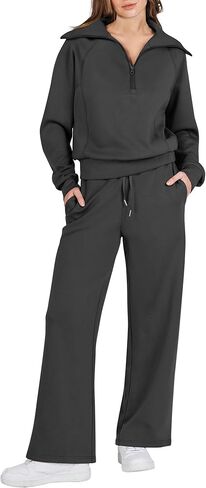Logene Women 2 قطعة ملابس Sweatsuit Set 2024 عصرية كبيرة الحجم نصف سحاب من النوع الثقيل ساق واسعة صالة Sweatpant Lounge مطابقة مجموعات السفر 1L088-HEISE in Saudi Arabia