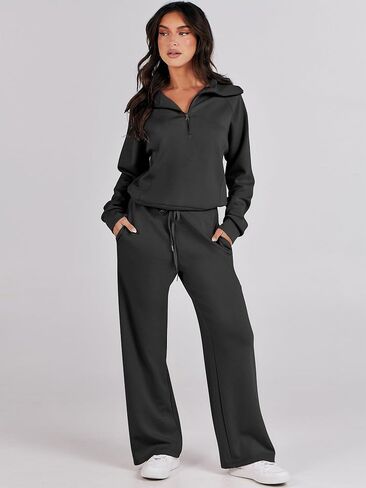 Logene Women 2 قطعة ملابس Sweatsuit Set 2024 عصرية كبيرة الحجم نصف سحاب من النوع الثقيل ساق واسعة صالة Sweatpant Lounge مطابقة مجموعات السفر 1L088-HEISE in Saudi Arabia