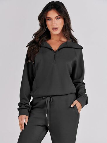 Logene Women 2 قطعة ملابس Sweatsuit Set 2024 عصرية كبيرة الحجم نصف سحاب من النوع الثقيل ساق واسعة صالة Sweatpant Lounge مطابقة مجموعات السفر 1L088-HEISE in Saudi Arabia