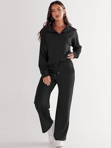 Logene Women 2 قطعة ملابس Sweatsuit Set 2024 عصرية كبيرة الحجم نصف سحاب من النوع الثقيل ساق واسعة صالة Sweatpant Lounge مطابقة مجموعات السفر 1L088-HEISE in Saudi Arabia