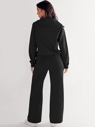 Logene Women 2 قطعة ملابس Sweatsuit Set 2024 عصرية كبيرة الحجم نصف سحاب من النوع الثقيل ساق واسعة صالة Sweatpant Lounge مطابقة مجموعات السفر 1L088-HEISE in Saudi Arabia