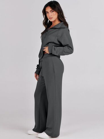 Logene Women 2 قطعة ملابس Sweatsuit Set 2024 عصرية كبيرة الحجم نصف سحاب من النوع الثقيل ساق واسعة صالة Sweatpant Lounge مطابقة مجموعات السفر 1L088-HEISE in Saudi Arabia