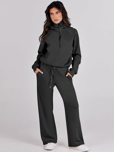 Logene Women 2 قطعة ملابس Sweatsuit Set 2024 عصرية كبيرة الحجم نصف سحاب من النوع الثقيل ساق واسعة صالة Sweatpant Lounge مطابقة مجموعات السفر 1L088-HEISE in Saudi Arabia