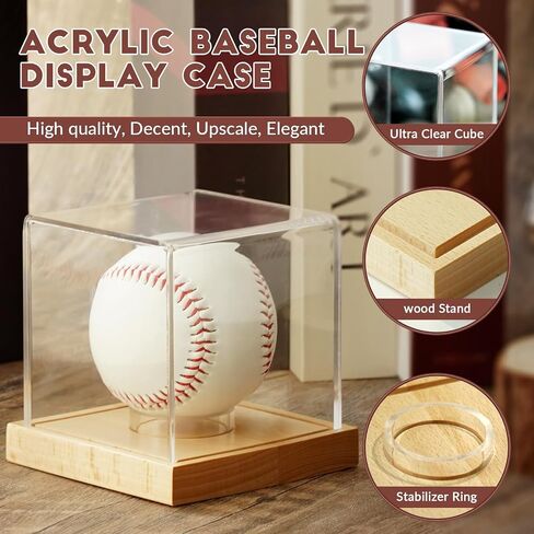 JupDec Baseball Display Case, Clear Cube Baseball Holder with Wooden Base, Autograph Baseball Stand Box for Single Ball, Pine Wood, 1 Pack in Saudi Arabia