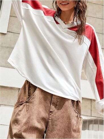 MakeMeChic Women's Color Block V Neck Oversized Sweatshirt Patchwork Mesh Long Sleeve Pullovers Top in Saudi Arabia