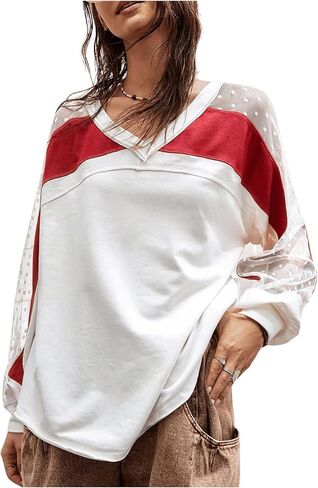 MakeMeChic Women's Color Block V Neck Oversized Sweatshirt Patchwork Mesh Long Sleeve Pullovers Top in Saudi Arabia
