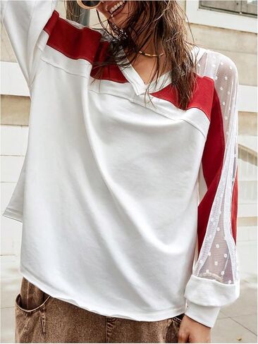 MakeMeChic Women's Color Block V Neck Oversized Sweatshirt Patchwork Mesh Long Sleeve Pullovers Top in Saudi Arabia